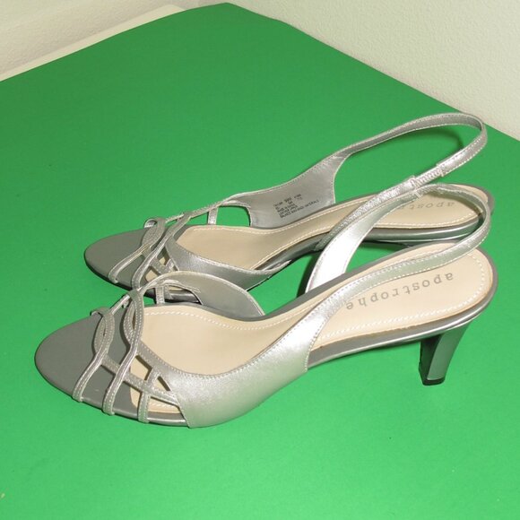 APOSTROPHE SILVER LEATHER OPEN TOE SLINGBACK SANDALS Sz 9.5 - Picture 5 of 6